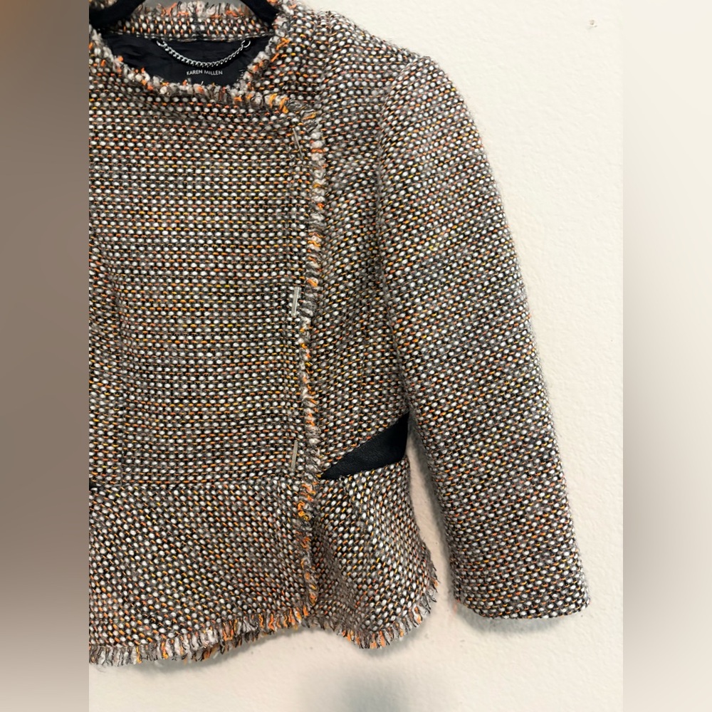Karen Millen Brown Multi-Tone Tweed Peplum Blazer with Fringed Trim - Picture 3 of 7